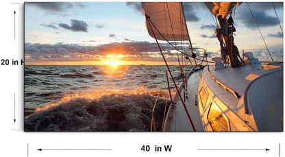 Yacht Sailing in Sea at Sunset Scenery Canvas Wall Art for Living Room Bathroom,Close-up View of