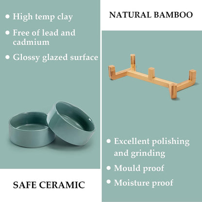 SPUNKYJUNKY Ceramic Dog and Cat Bowl Set with Wooden Stand, Modern Cute Weighted Food Water Set for