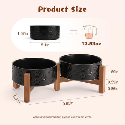SPUNKYJUNKY Ceramic Elevated Dog Bowl Set with Acacia Wood Stand for Food and Water for Cats and