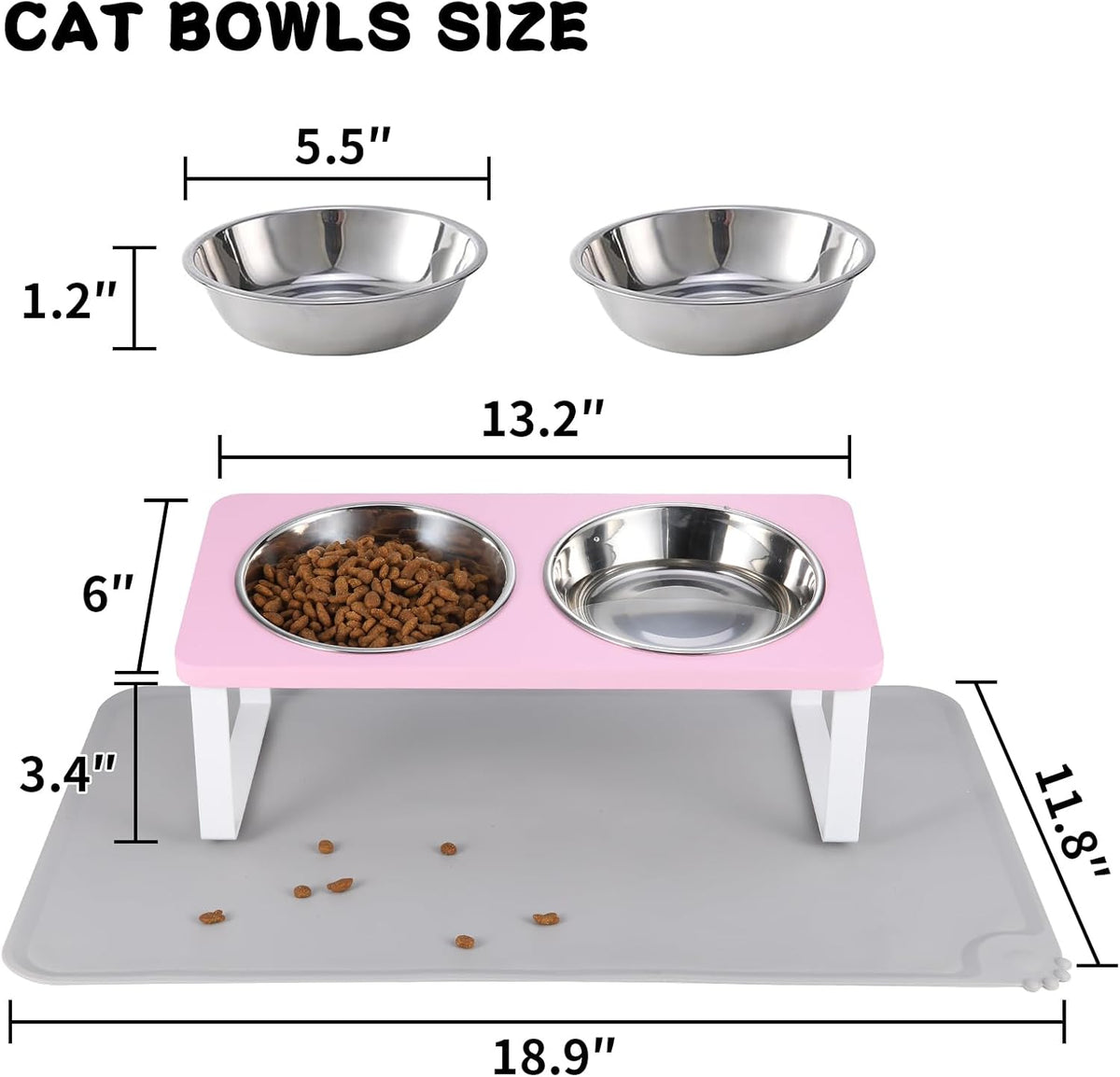 Upgraded Elevated Cat Bowls with Food Mat,15°Tilted Stand Anti Vomiting Raised Cat Dishes for Food