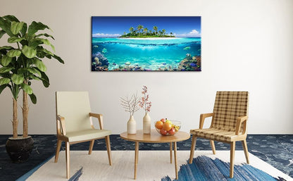 Tropical Island Coral Reef Landscape Canvas Wall Art for Living Room,Unique View Split Waterline