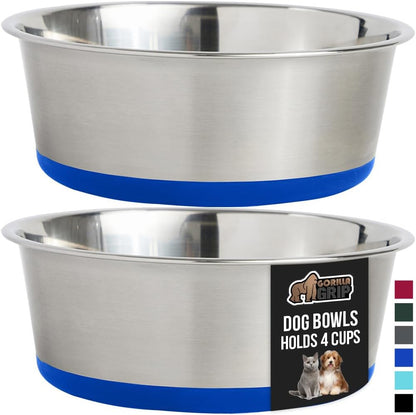 GORILLA GRIP Set of 2 Dog Bowls, Holds 4 Cups (32 fl oz), Heavy Duty Metal Food and Water Bowl for
