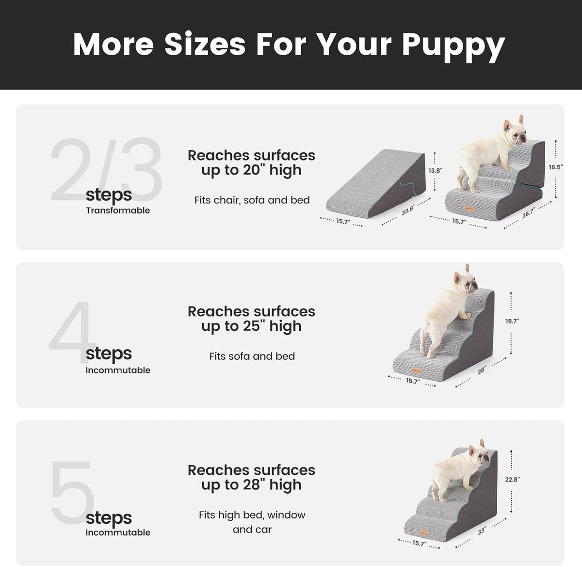 Gardner Pet Dog Stairs for Small Dogs 16.5" H, 2 in 1 Transformable 3-Step Pet Stairs and ramp, Dog