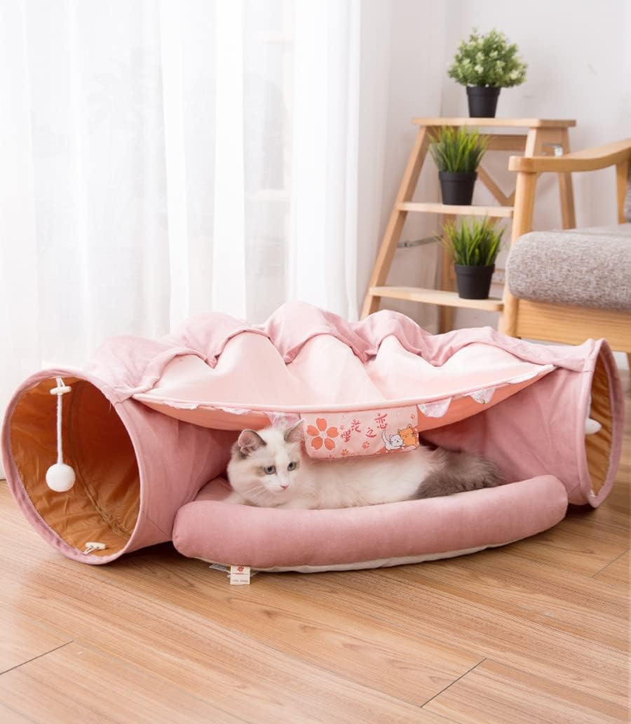 2 in 1 Cat Tunnel Bed Tube with Cushion and Plush Ball Toy Playground Crinkle Collapsible for Large