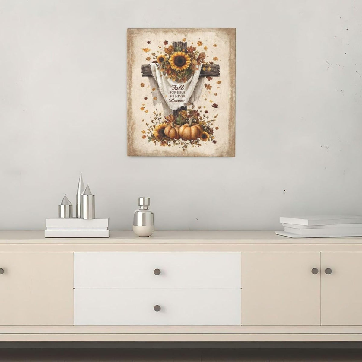 Christian Fall Wall Art Autumn Rustic Cross Sunflower Pumpkin Wall Decor Fall for Jesus He Never