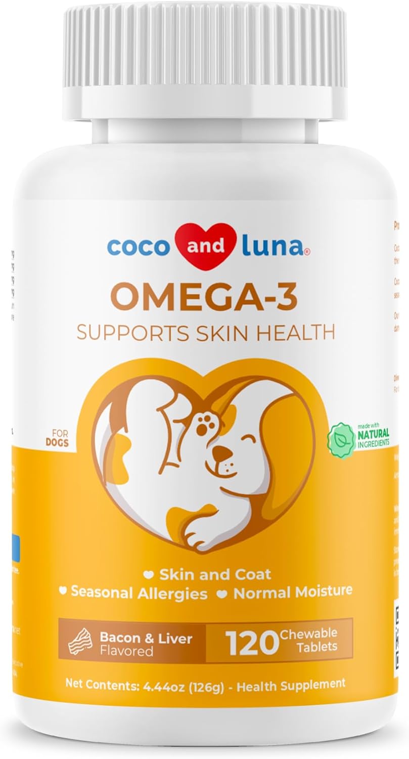 Omega 3 Fish Oil for Dogs - 120 Chewable Tablets - with Omega 3, 6, and 9, Vitamin E for Dog