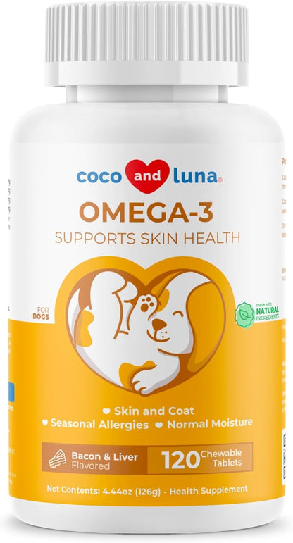 Omega 3 Fish Oil for Dogs - 120 Chewable Tablets - with Omega 3, 6, and 9, Vitamin E for Dog