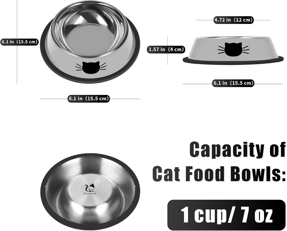 2 Pcs Non-Slip Stainless Steel Small Cat Food Bowls - Unbreakable, 7 Oz, Removable Rubber Base