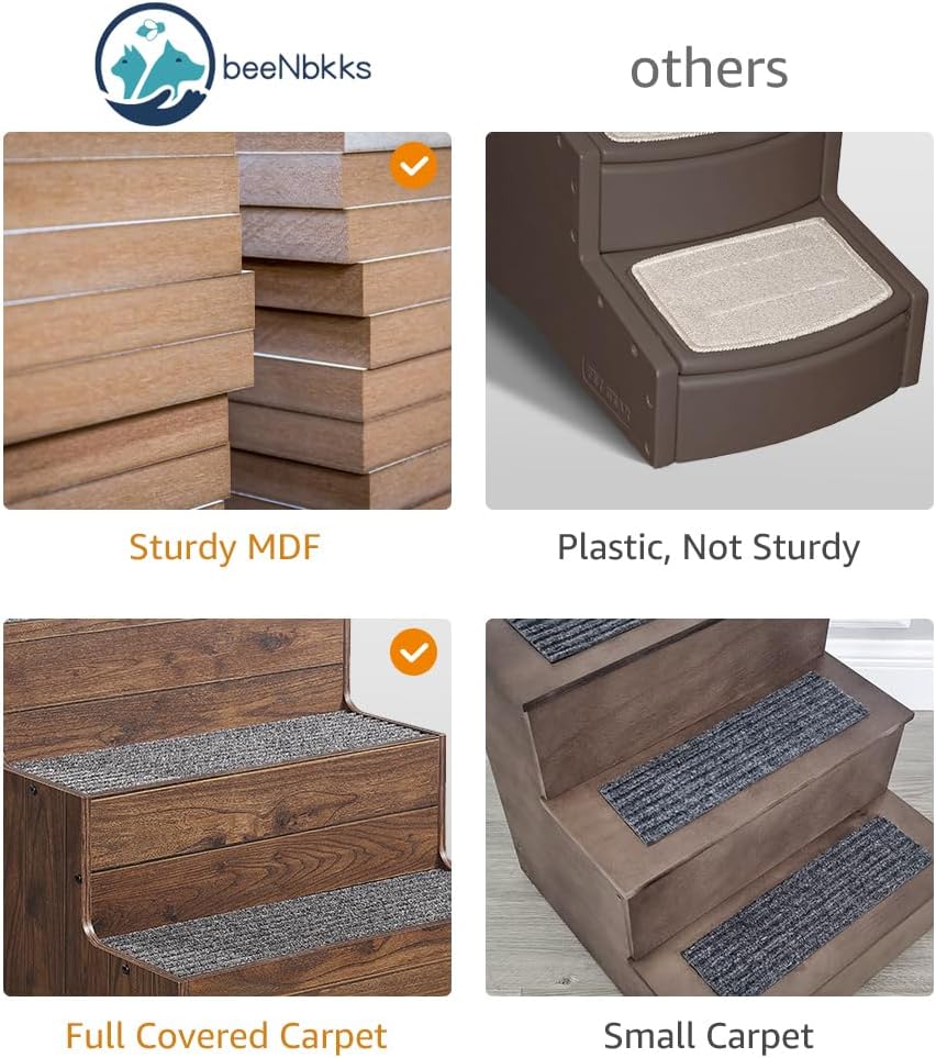 beeNbkks Dog Stairs Furniture, Extra Wide Wooden Pet Steps for Medium Large Dogs and Cats, Non-Slip