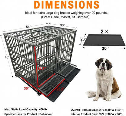 54/48/42/38 Inch Heavy Duty Dog Crate Cage with Wheels, Indestructible and Escape Proof Steel