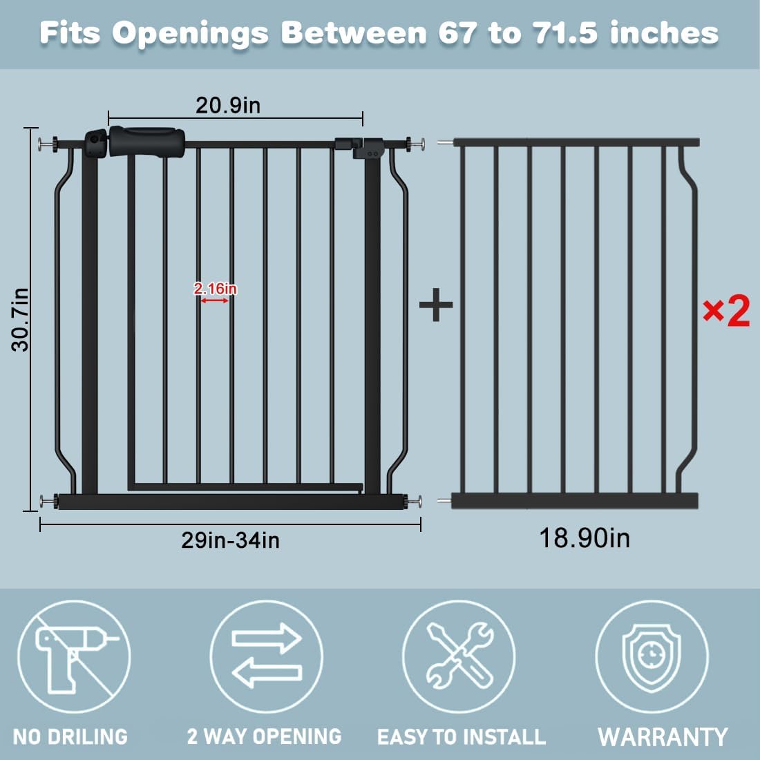 Extra Wide Baby Gate 67-71.5 Inch Wide Walk Through Pressure Mounted Auto Close Large Long Tension