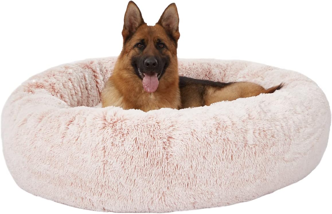 Bedfolks Calming Donut Dog Bed, 45-Inch Round Plush Anti-Anxiety Dog Bed, Washable with Non-Slip