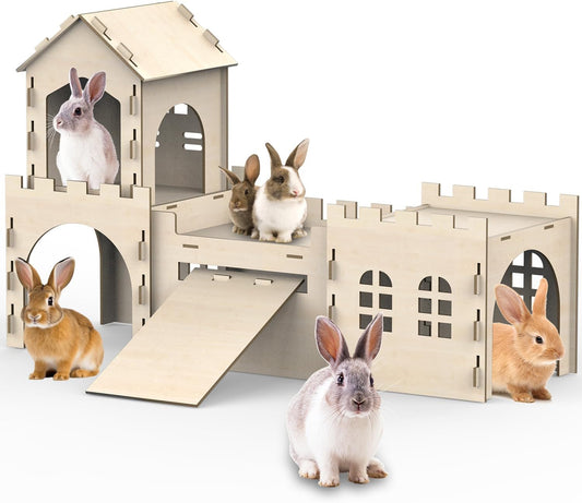 Large Bunny House and Hideouts, Wooden Dual-Layer Rabbit Castle with Stair, Rubber Band-Free Setup