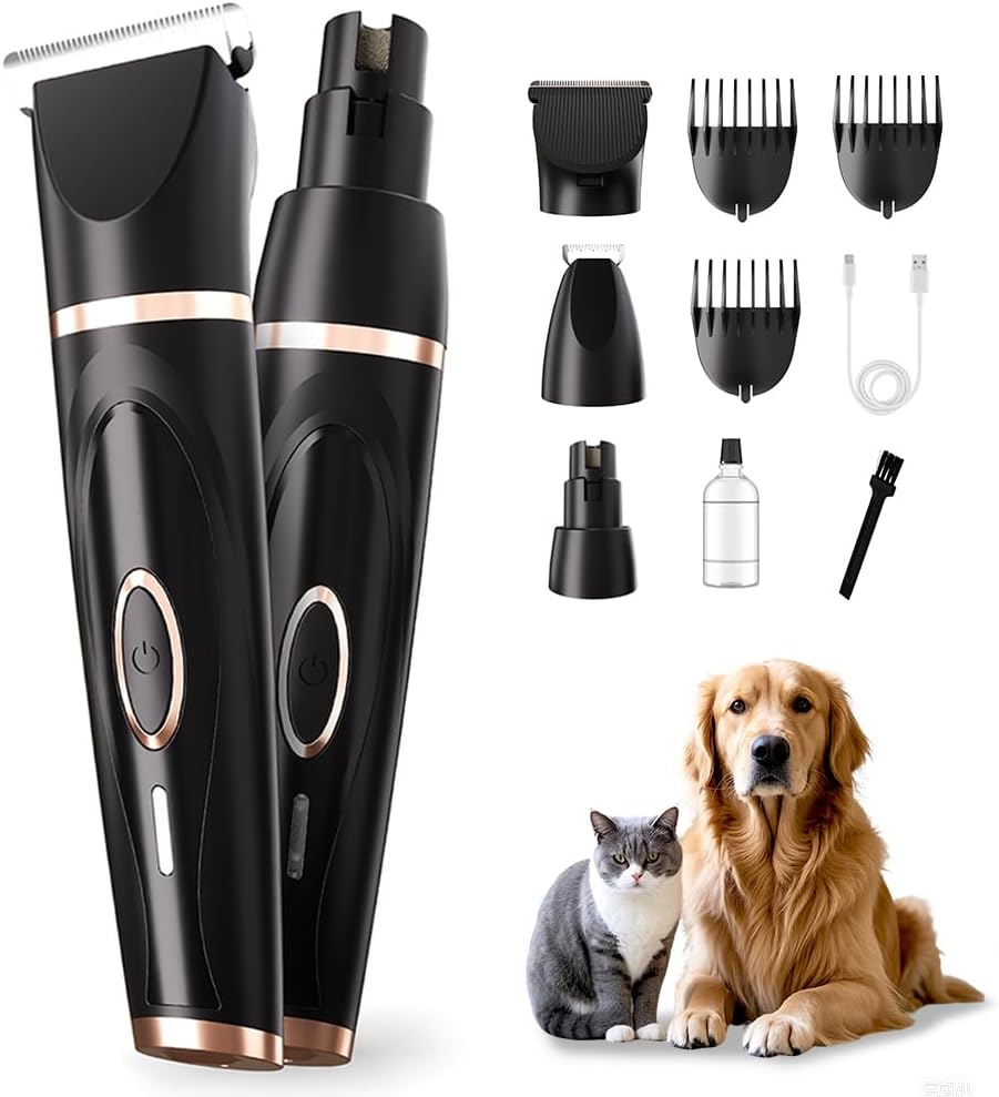 Dog Clippers Grooming Kit with Paw Trimmer, 3 in 1 Low Noise Electric Rechargeable Cordless Pet