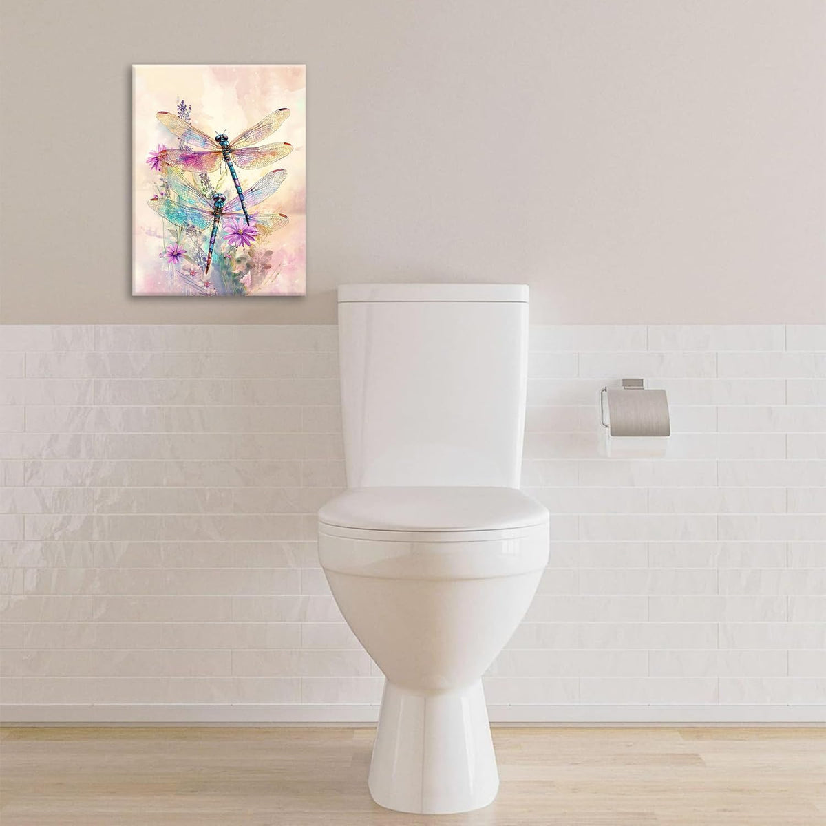 Dragonfly Bathroom Pictures Wall Art, Floral Bathroom Wall Decor, Framed Painting Canvas Artwork