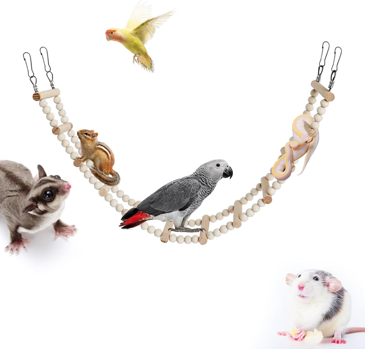Long Bird Ladder with Wooden Rungs and Beads, Parakeet Climbing Swing Toys, Bird Cage Accessories