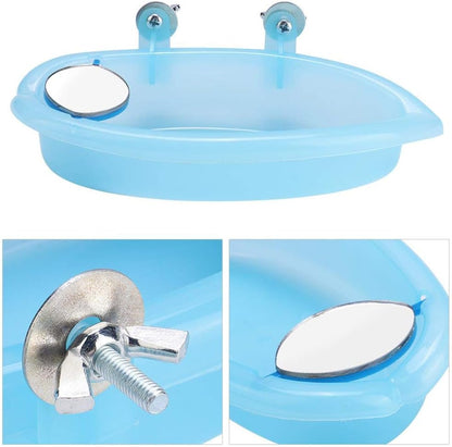 Tnfeeon Pet Bird Bathing Box, Cute Blue Pet Parrot Bathtub Box with Mirror Bird Cage Toy Accessory