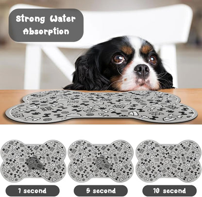 Dog Food Mats for Floors Waterproof, Pet Feeding Absorbent Water Bowl Mat Cat Placemats Gray Bone