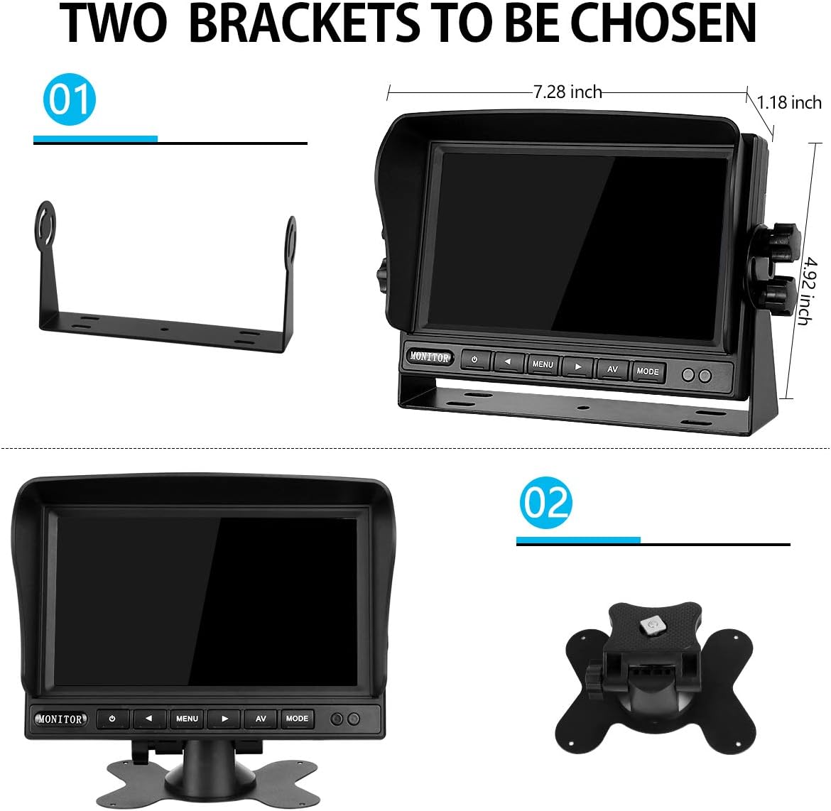 RV Backup Camera and Monitor Kit(12-24V) 7inch HD Monitor Reversing +2 Rear View Camera 170°Wide