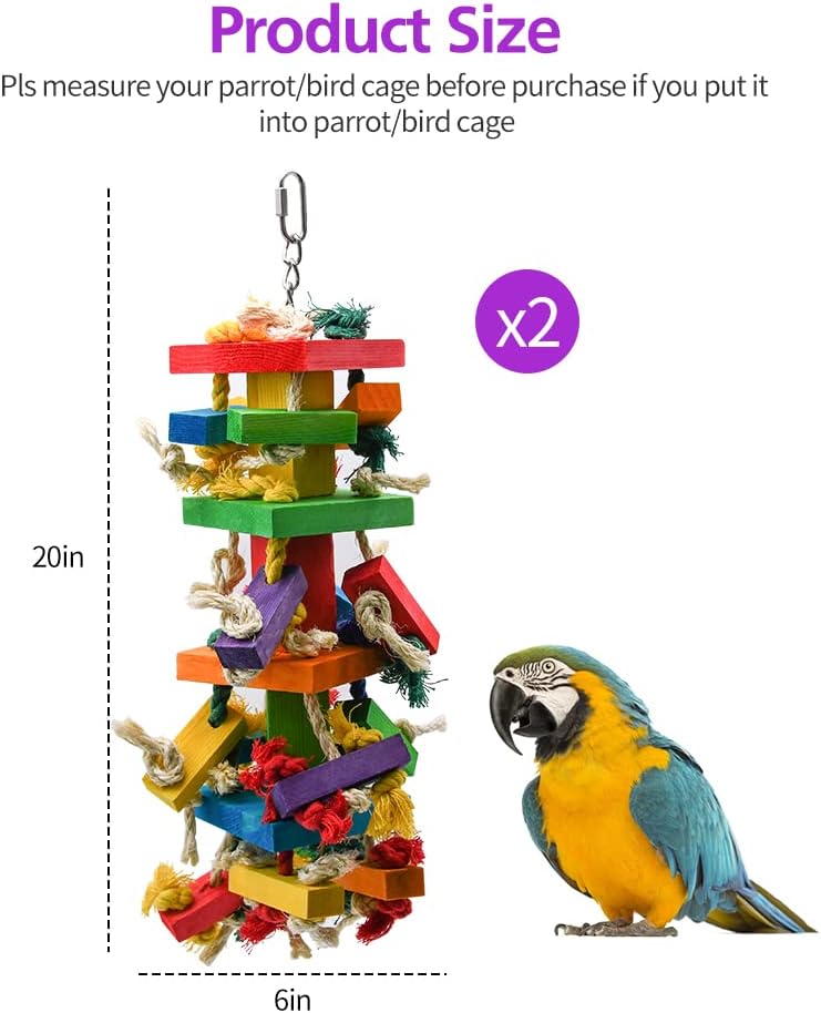 RUBY.Q 2 Pack Large Parrot Toy, 20in Bird Parrot Toy, Multicolored Natural Wooden Bird Chewing Toys