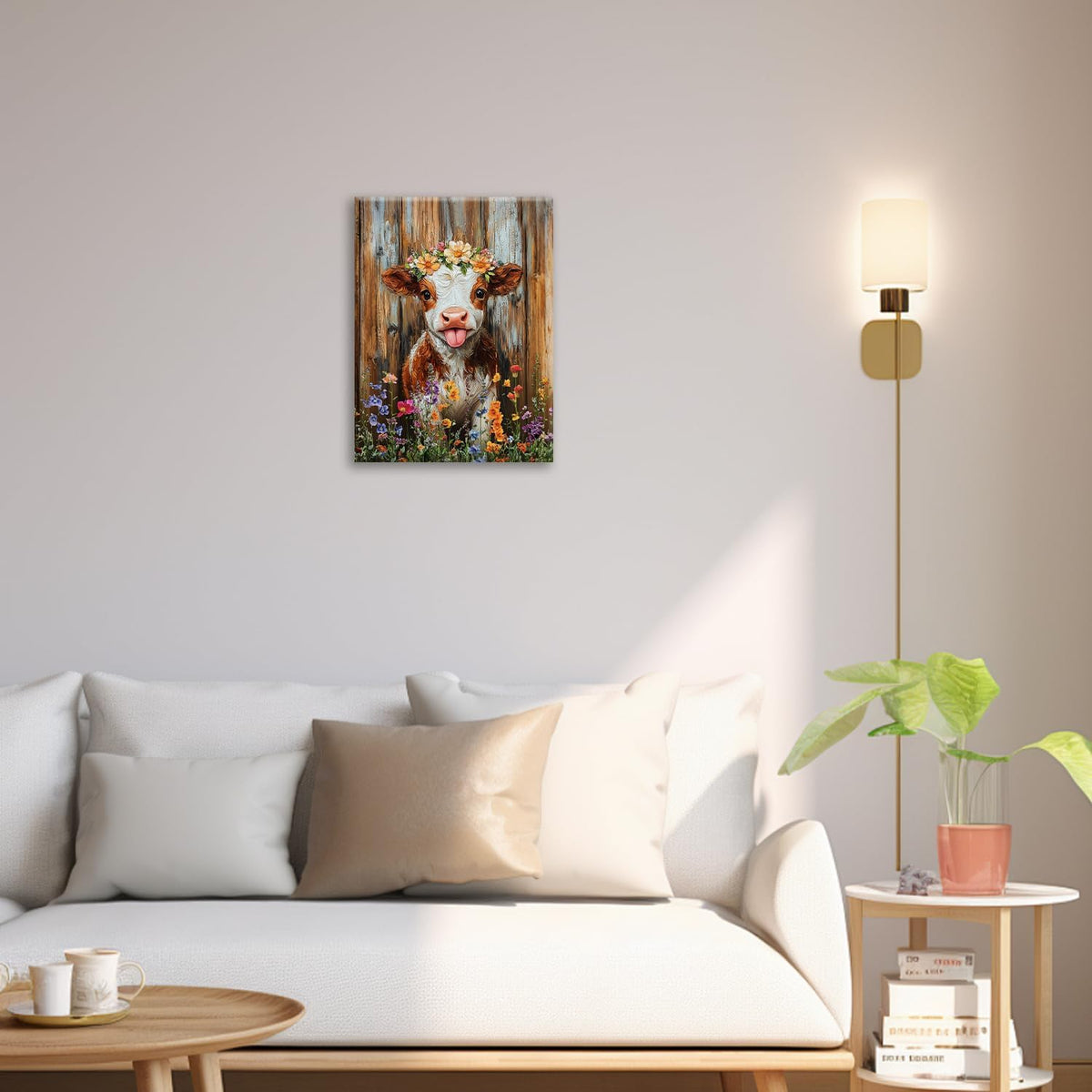 Funny Cow Bathroom Pictures Wall Art, Rustic Brown Cute Cow Bathroom Wall Decor, Farmhouse Floral