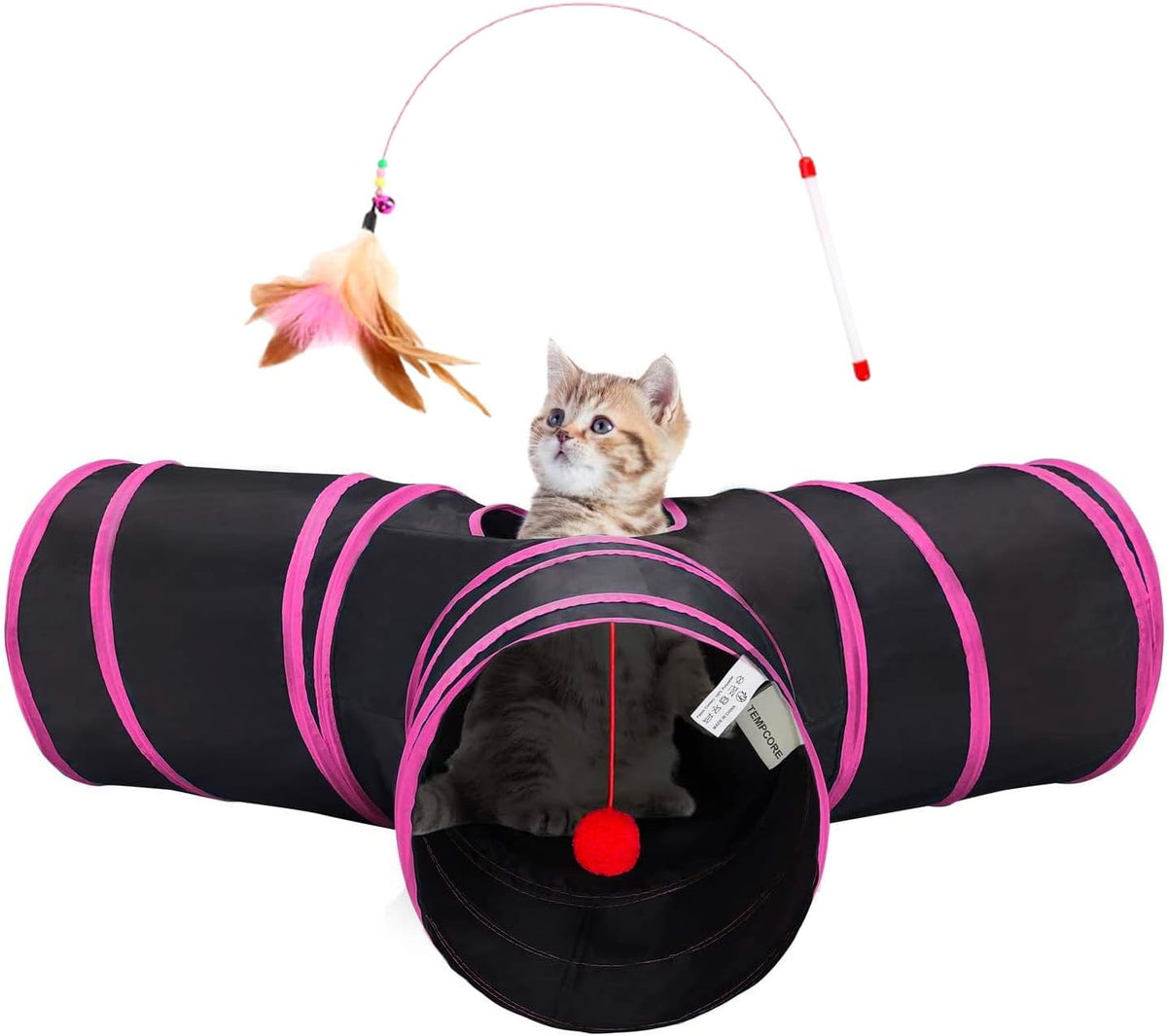 Tempcore 3 Way Collapsible Cat Tunnels, Indoor Cat Toys with Peek Hole & Ball, Perfect for Kittens