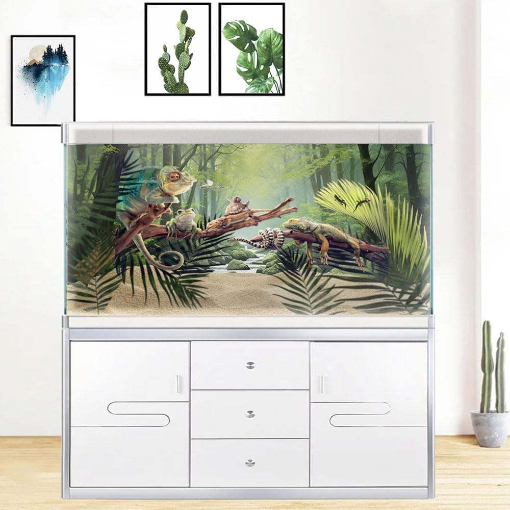 24X16IN Tropical Forest Terrarium Background, Natural Green Forest Tree Reptile Habitat Background