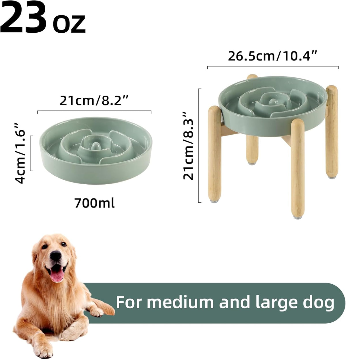 8.2inch Ceramic Raised Slow Feeder Dog Bowl Set, Elevated Wooden Stand for Large and Medium Dog