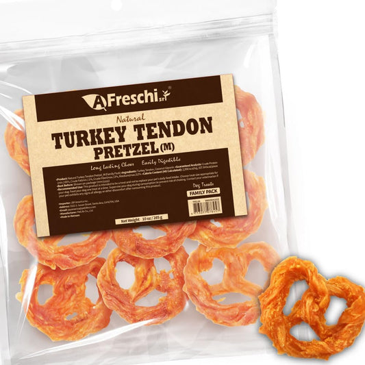 Afreschi Natural Turkey Tendon Pretzel (M) 10 oz, USA-Sourced Turkey Tendon, All Natural Puppy