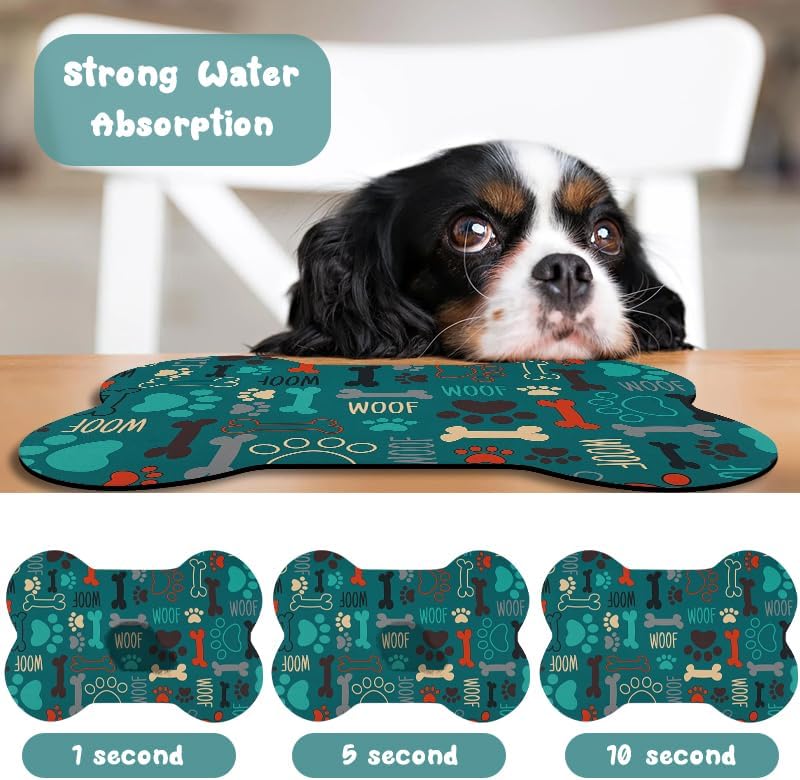 Dog Food Mats for Floors Waterproof, Pet Feeding Absorbent Water Bowl Mat Cat Placemats Green Bone