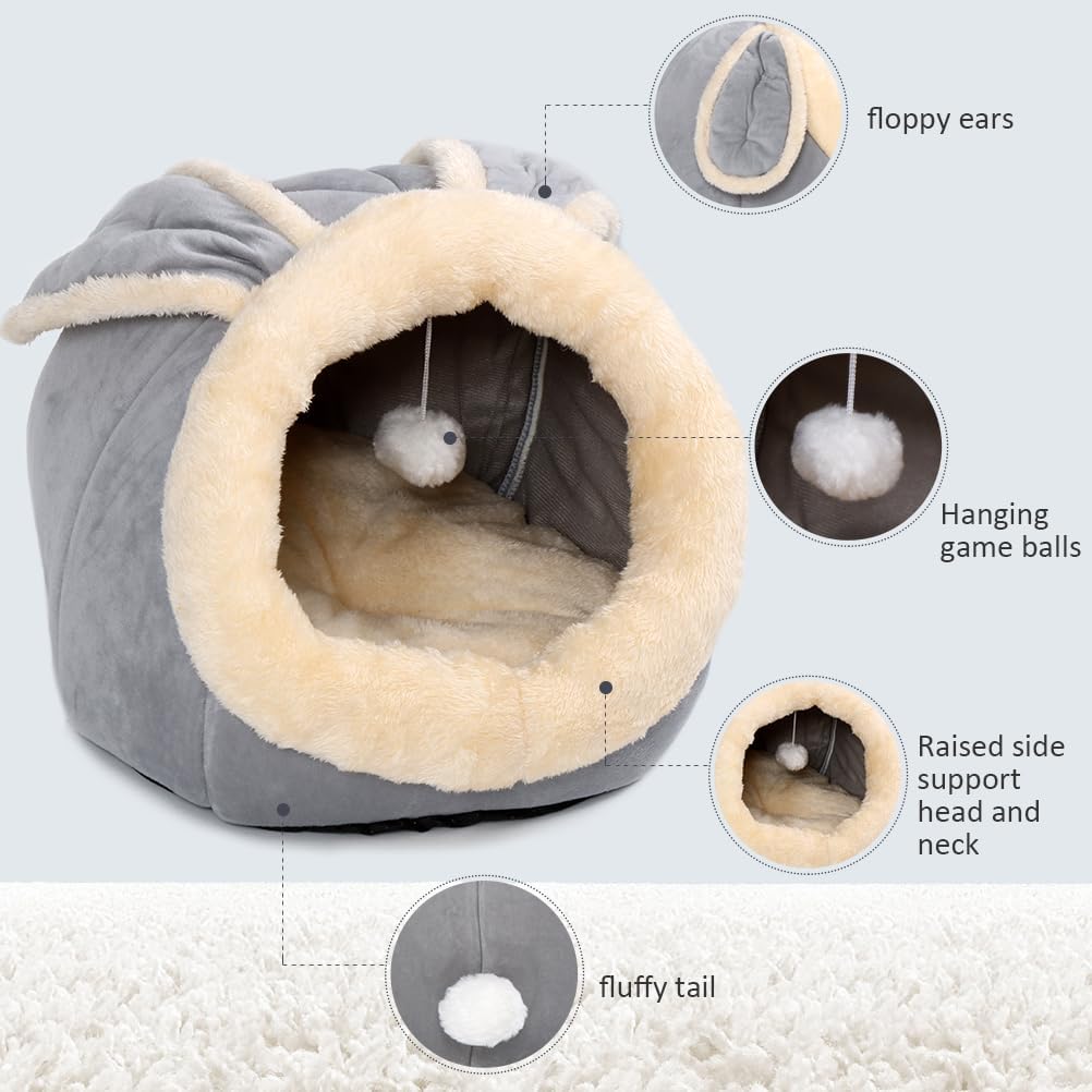 Cat Beds for Indoor Cats - Rabbit-Shaped Cat Cave Bed with Hanging Toy,Super Soft Calming Pet Bed