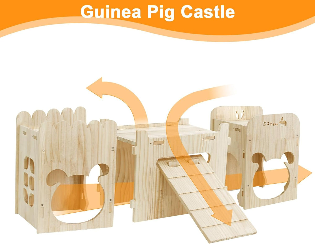 Natural Wooden Rabbit Castle House,Extra Large Hideout for Rabbit Guinea Pig Chinchilla