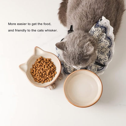 Nihow Elevated Cat/Dog Bowls Set : 5 Inch Ceramic Raised Cat Food & Water Bowl Set for Protecting