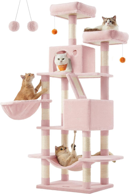 Feandrea Cat Tree, 66.1-Inch Large Cat Tower with 13 Scratching Posts, 2 Perches, 2 Caves, Basket