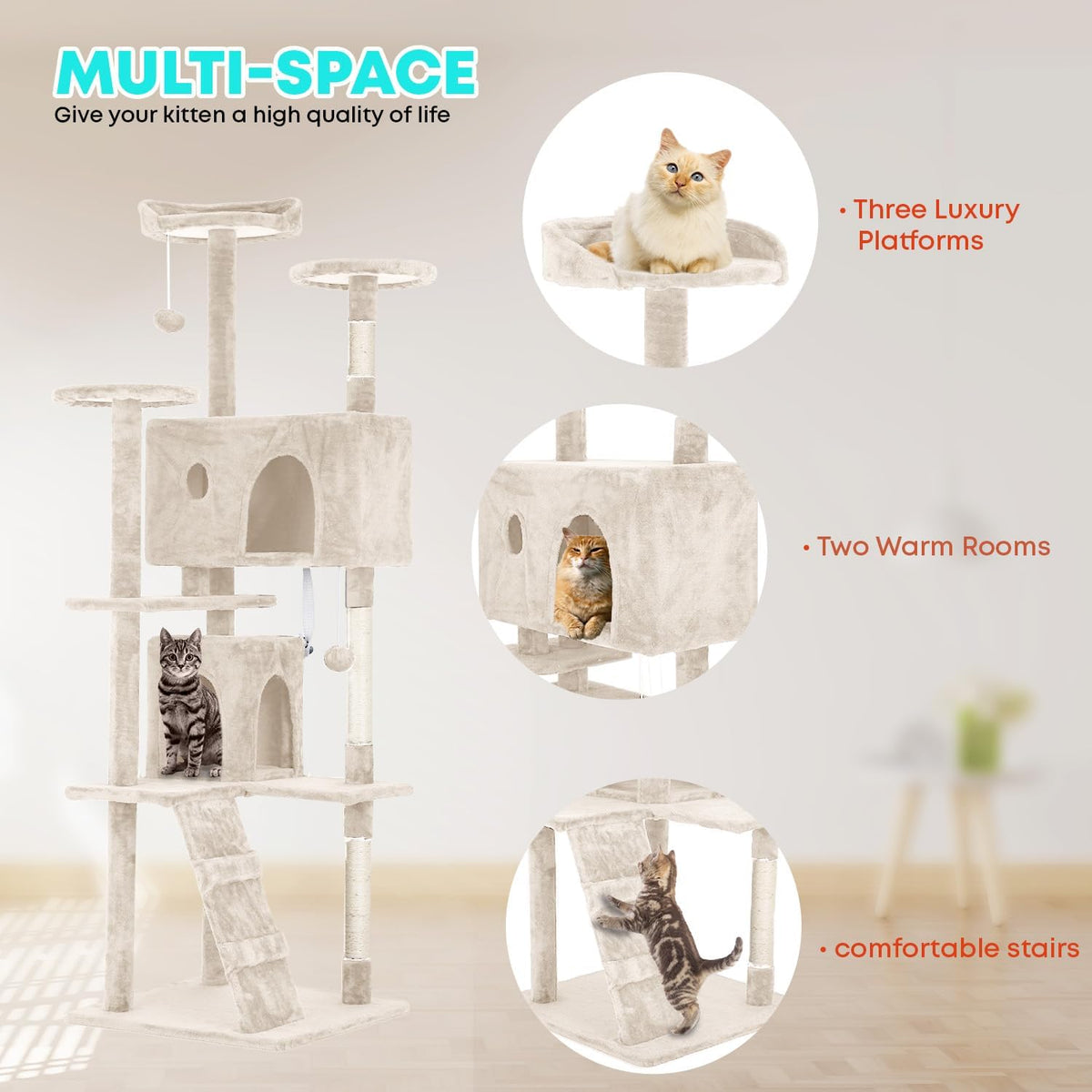 FDW Cat Tree 70in Cat Tower Multi-Level Durable Cat Scratching Post & Cozy Fun Cat Jumping Platform