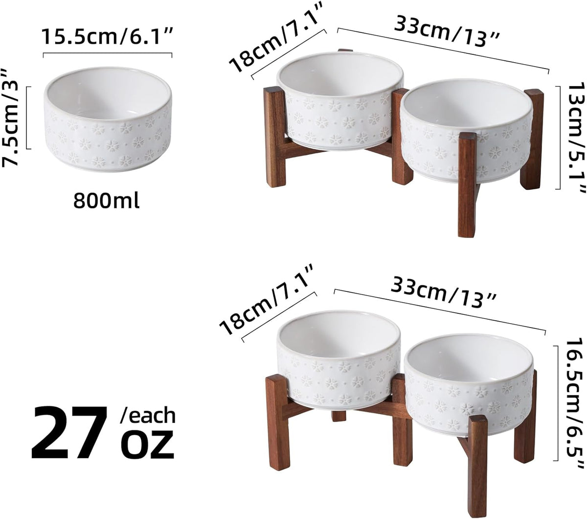 6.1inch Ceramic Raised Double Bowls Set with Acacia Wood Stand, 2 Heights Elevated, Food & Water