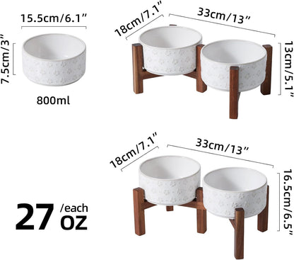 6.1inch Ceramic Raised Double Bowls Set with Acacia Wood Stand, 2 Heights Elevated, Food & Water