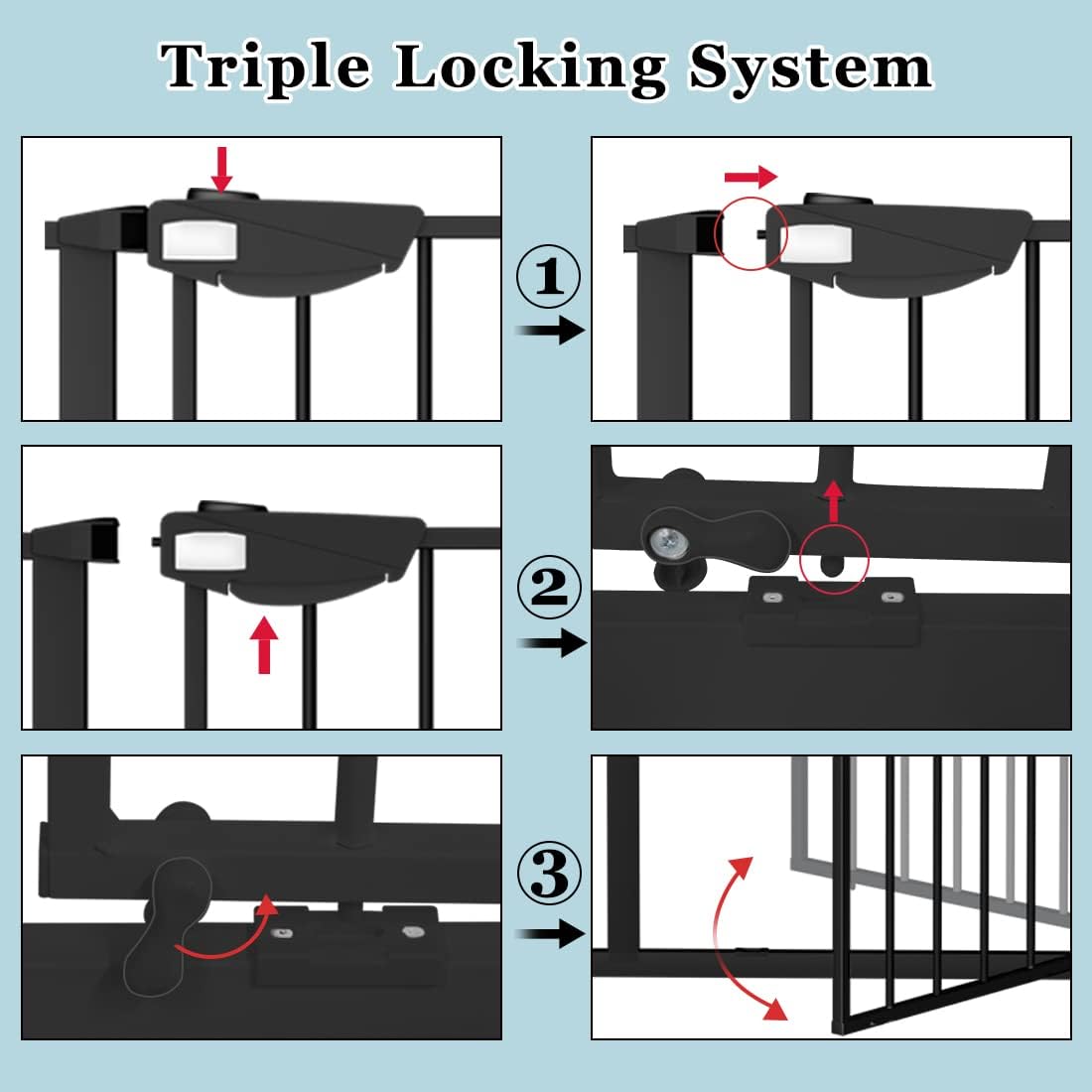 WAOWAO Triple Lock Baby Gate Extra Wide 57.87-62.59" Pressure Mounted Walk Through Swing Auto Close