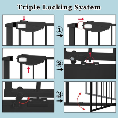 WAOWAO Triple Lock Baby Gate Extra Wide 57.87-62.59" Pressure Mounted Walk Through Swing Auto Close