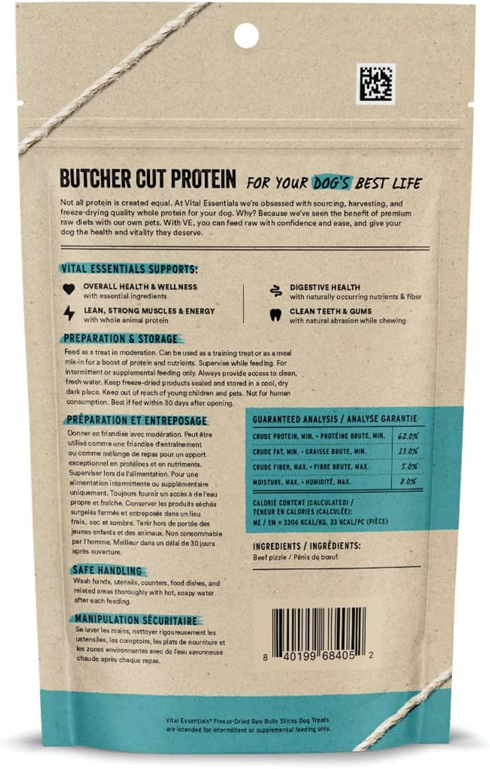 Vital Essentials Bully Sticks Dog Treats, 1.4 oz | Freeze-Dried Raw | Single Ingredient | Premium