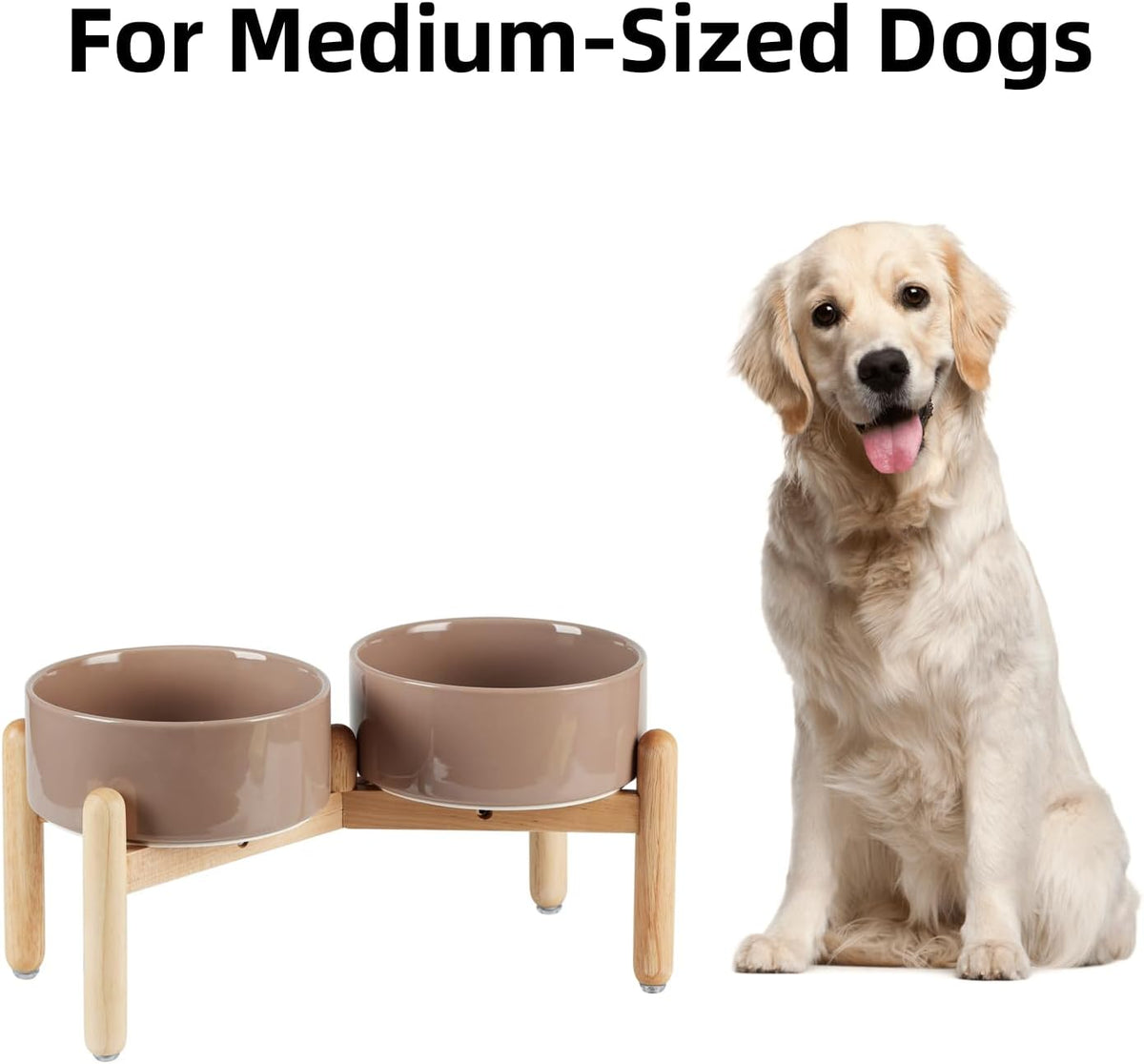 Ceramic 7.3inch Raised Double Bowls Set with Wooden Stand, Food & Water Bowls for Medium Breed