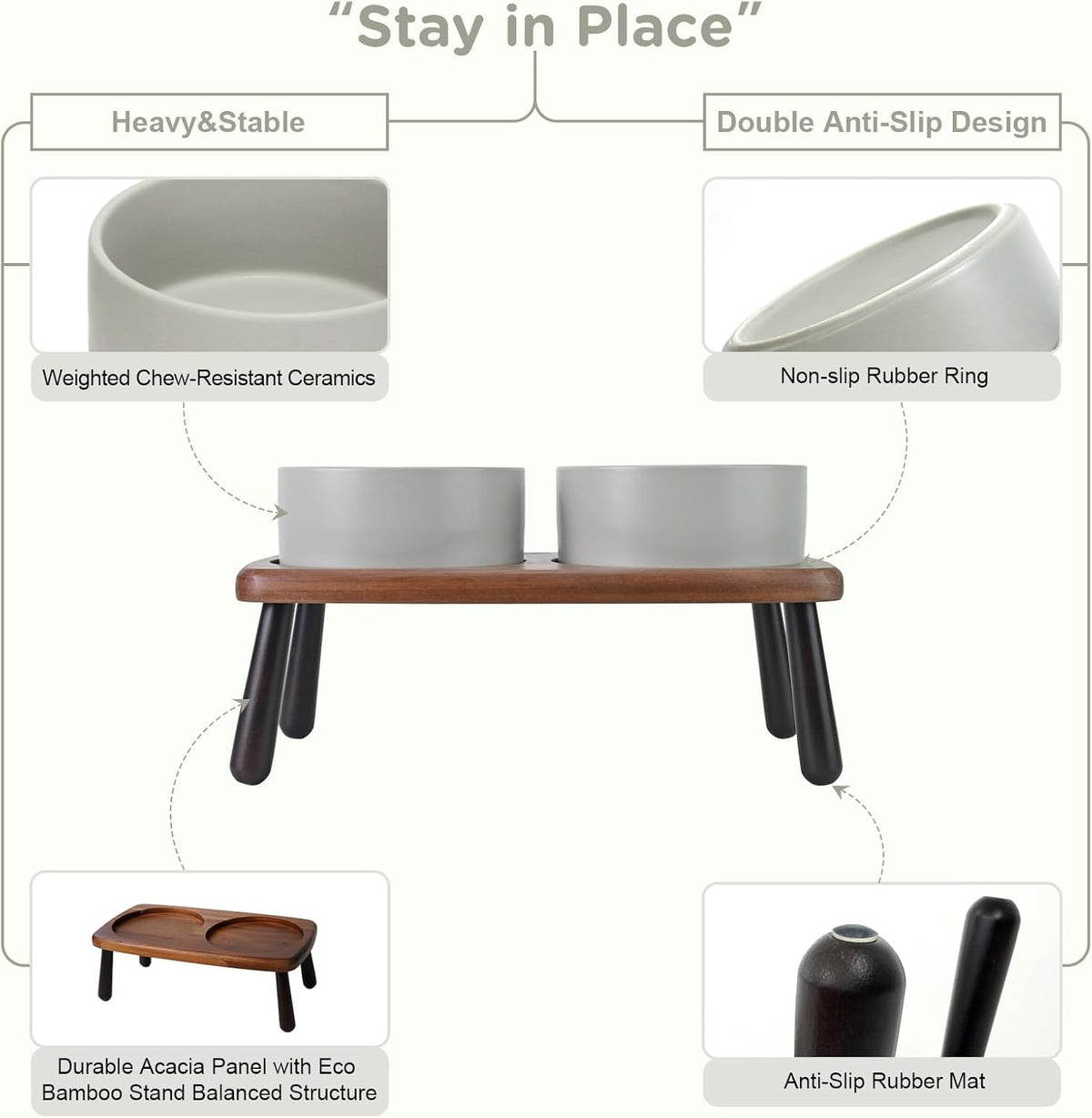 SPUNKYJUNKY Ceramic Elevated Dog Bowls Raised with Acacia Bamboo Wooden Stand, 6.1'' Dog and Cat