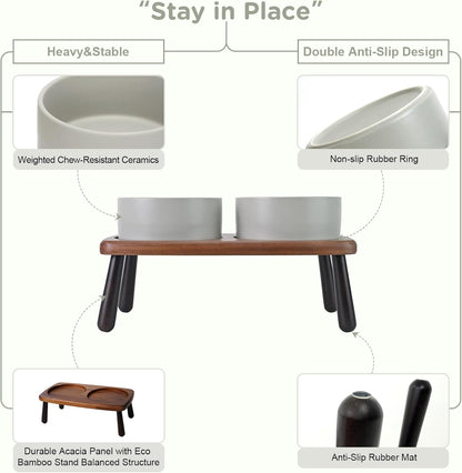 SPUNKYJUNKY Ceramic Elevated Dog Bowls Raised with Acacia Bamboo Wooden Stand, 6.1'' Dog and Cat