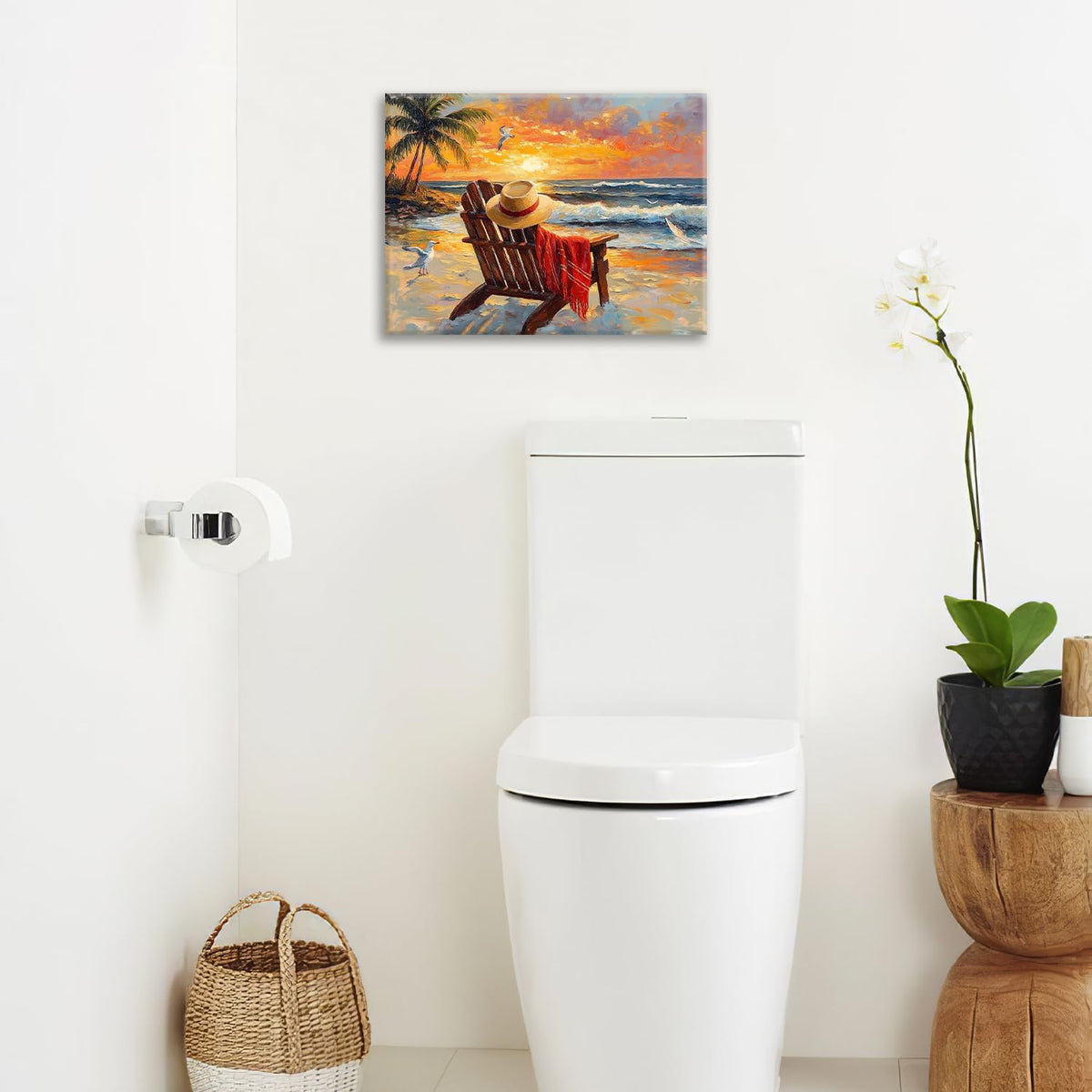 Beach Coastal Bathroom Pictures Wall Art, Seaside Ocean Bathroom Wall Decor, Sunrise Palm Framed