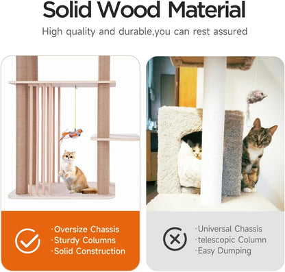 68" Large Cat Tree, Solid Wood Multi-Level Cat Tower with Scratching Posts, Fun Toys, and Washable
