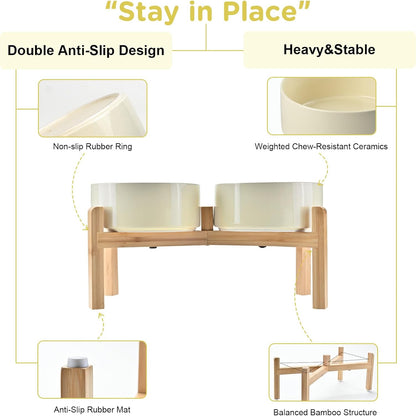 SPUNKYJUNKY Elevated Dog Bowls Ceramic, 7.3'' Dogs Food Water Bowls Raised with Non-Slip Bamboo