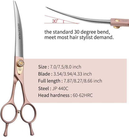 Fenice Peak Professional Curved Dog Grooming Scissors 7'' Rose Gold 440C Stainless Steel Pet