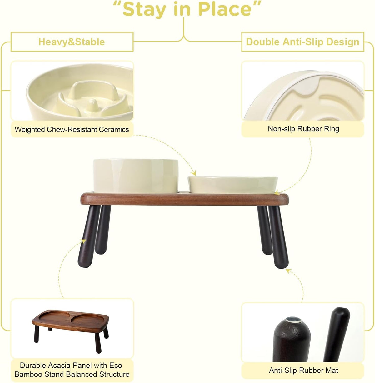 SPUNKYJUNKY Ceramic Elevated Dog Bowls with Slow Feeder Raised with Acacia Bamboo Wooden Stand
