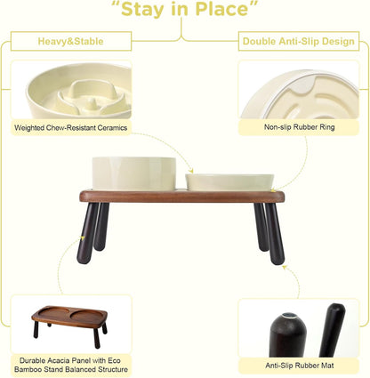 SPUNKYJUNKY Ceramic Elevated Dog Bowls with Slow Feeder Raised with Acacia Bamboo Wooden Stand