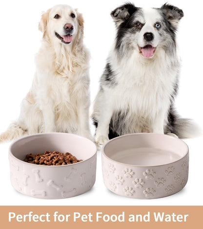 UBEE Ceramic Dog Bowl Set of 2, 6.1 inch Dog Food Bowl Dish with Bone Paw Pattern, Pet Food Water